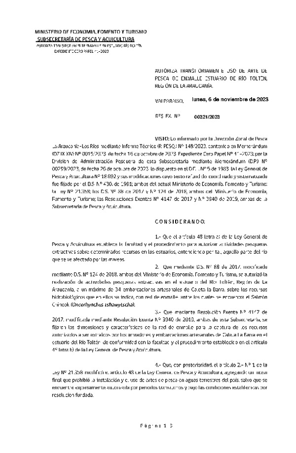 Res. Ex. CERO PAPEL N° 00321-2022 Autoriza Transitoriamente uso de Arte de Pesca de Enmalle Estuario de Río Toltén, Región de La Araucanía. (Publicado en Página Web 13-11-2023)