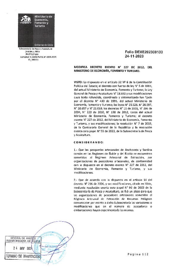 Dec. Ex. Folio 202300133 Modifica Decreto Exento N°227 de 2012 RAE Pelágicos Regiones de Ñuble y del Biobío. (Publicado en Página Web 24-11-2023)
