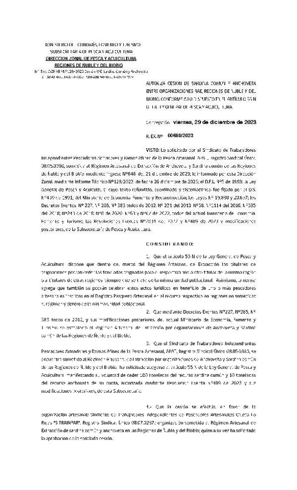 Res. Ex. CERO PAPEL N° 00689-2023 Autoriza cesión Sardina común y Anchoveta, Regiones de Ñuble y del Biobío. (Publicado en Página Web 04-01-2024)