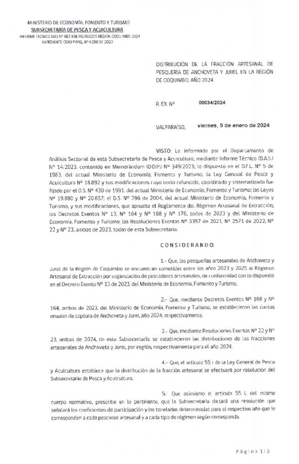 Res. Ex n°0034-2024 Distribución de la Fracción Artesanal de Pesquería de Anchoveta y Jurel en la región de Coquimbo, año 2024. (Publicado en Página Web 08-01-2024).
