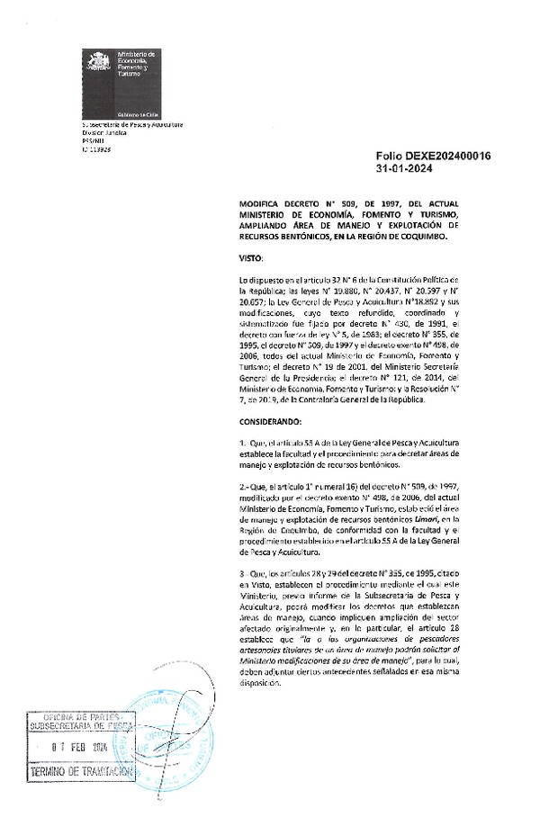 Dec. Ex. Folio 202400016 Modifica D.S. Nº 509-1997 Área de Manejo Limarí, Región de Coquimbo. (Publicado en Página Web 02-02-2024)