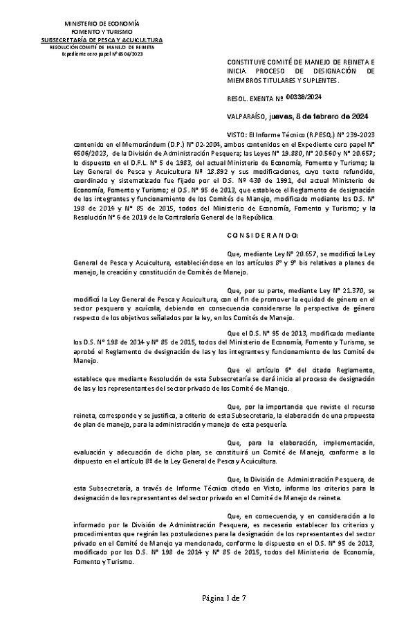 Res. Ex. N° 00338-2024 Constituye Comité de Manejo de Reineta e Inicia Proceso de designación de Miembros Titulares y Suplentes. (Publicado en Página Web 09-02-2024)(F.D.O. 14-02-2024).