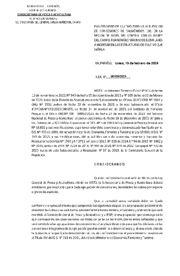 Res. Ex. N° 0439-2024, Fija Densidad de Cultivo para las Agrupación de Concesiones de Salmónidos 18D en la Región de Aysén.(Con informe técnico)(Publicado en Página Web 19-02-2024)