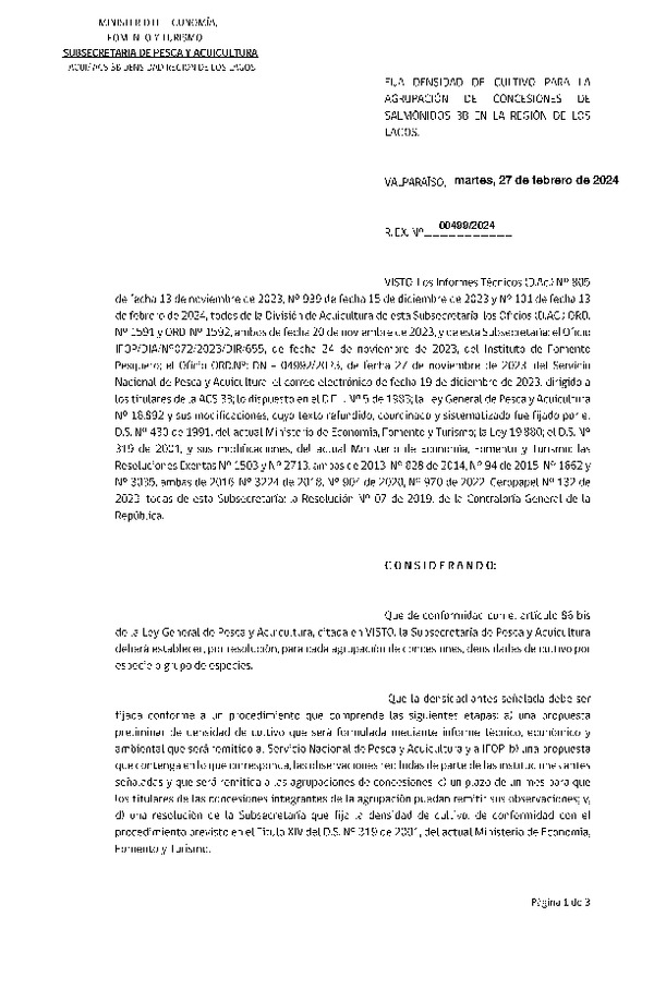 Res. Ex. N° 0499-2024, Fija Densidad de Cultivo para las Agrupación de Concesiones de Salmónidos 3B en la Región de Los Lagos.(Con informe técnico)(Publicado en Página Web 28-02-2024)