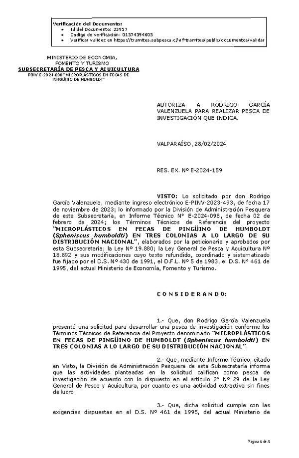 R. EX. Nº E-2024-159 AUTORIZA A RODRIGO GARCÍA VALENZUELA, PARA REALIZAR PESCA DE INVESTIGACIÓN QUE INDICA.(Publicado en Página Web 28-02-2024).
