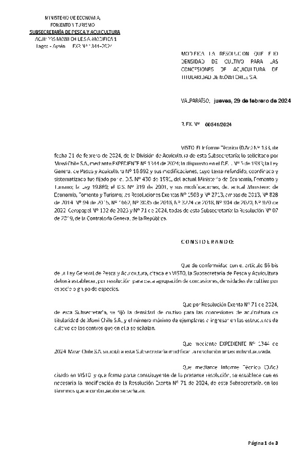 Res. Ex. Nº 00541-2024, Modifica Res. Ex. N° 00071-2024 Fija densidad de cultivo para las concesiones de acuicultura de titularidad de Mowi Chile S.A.(Con Informe Técnico)(Publicado en Página Web 01-03-2024)