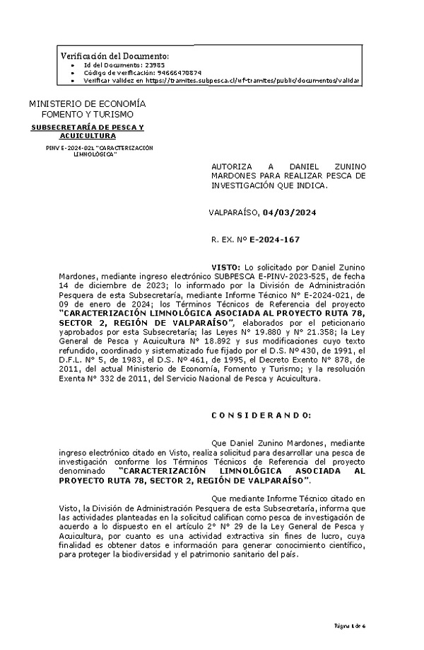 R. EX. Nº E-2024-167 AUTORIZA A DANIEL ZUNINO MARDONES PARA REALIZAR PESCA DE INVESTIGACIÓN QUE INDICA. (Publicado en Página Web 06-03-2024).