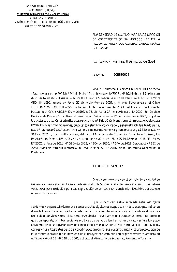 Res. Ex. N° 00655-2024, Fija Densidad de Cultivo para las Agrupación de Concesiones de Salmónidos 18E en la Región de Aysén. (Con informe técnico) (Publicado en Página Web 11-03-2024)