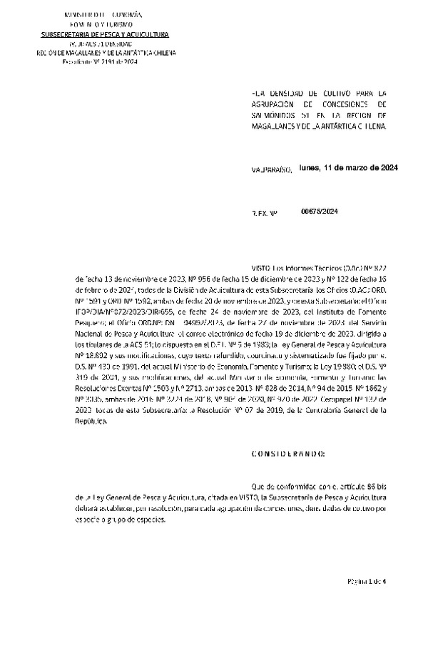Res. Ex. N° 00675-2024, Fija Densidad de Cultivo para las Agrupación de Concesiones de Salmónidos 51 en la Región de Magallanes y de La Antártica Chilena. (Con informe técnico) (Publicado en Página Web 11-03-2024)