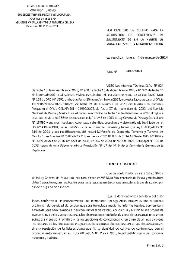 Res. Ex. N° 00677-2024, Fija Densidad de Cultivo para las Agrupación de Concesiones de Salmónidos 56 en la Región de Magallanes y de La Antártica Chilena. (Con informe técnico) (Publicado en Página Web 11-03-2024)