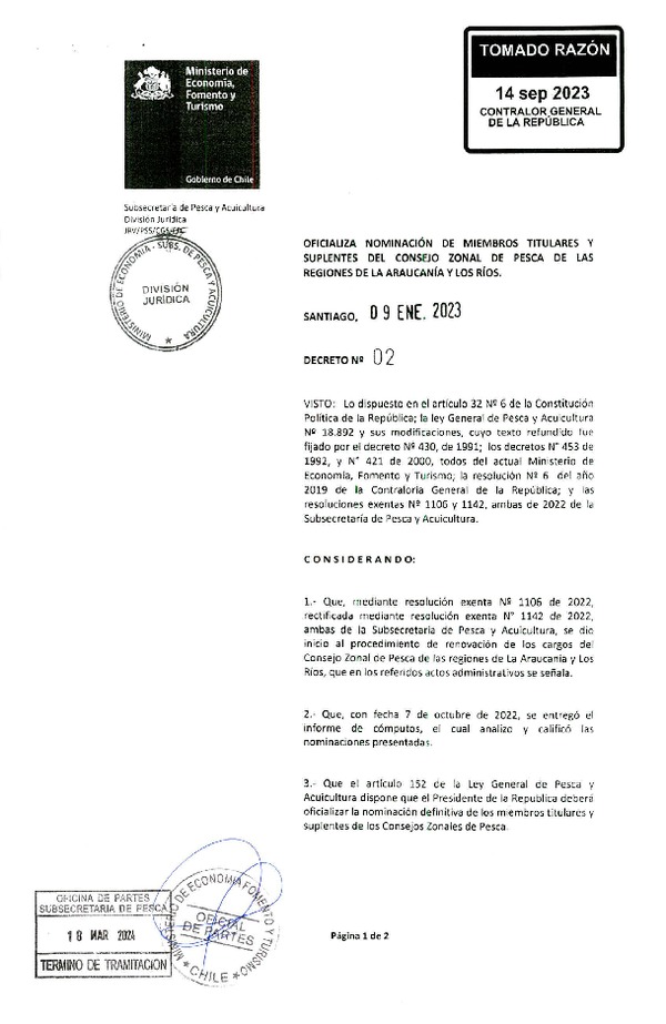 D.S. N° 02-2023 Oficializa Nominación de Miembros Titulares y Suplentes del Consejo Zonal de Pesca de las Regiones de La Araucanía y Los Ríos. (Publicado en Página Web 18-03-2024)