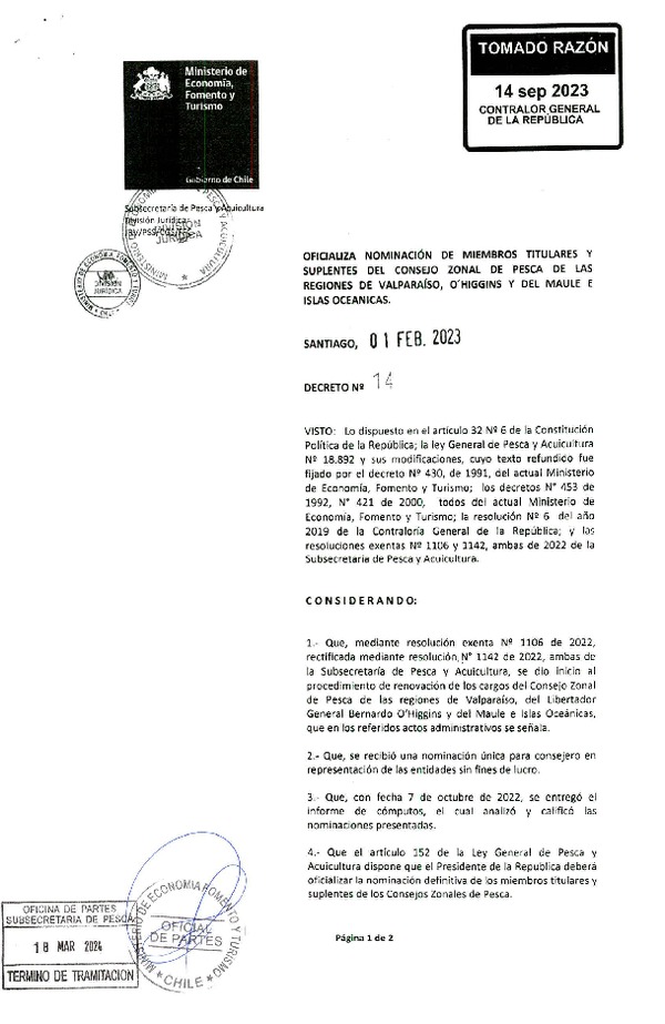 D.S. N° 14-2023 Oficializa Nominación de Miembros Titulares y Suplentes del Consejo Zonal de Pesca de las Regiones de Valparaíso, O´Higgins y del Maule e Islas Oceánicas. (Publicado en Página Web 18-03-2024)