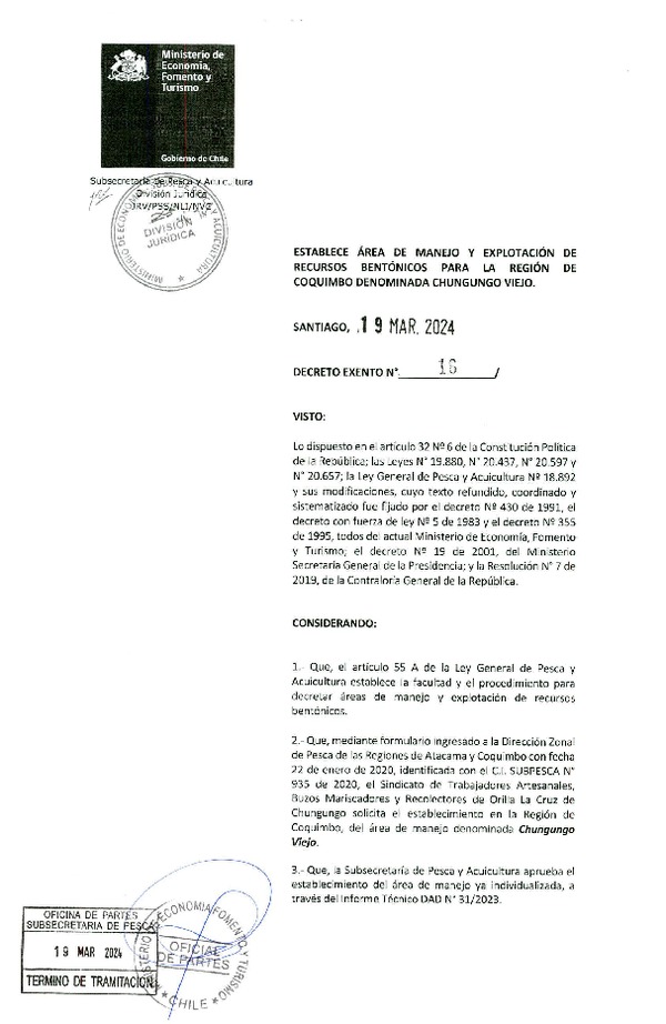 Dec. Ex. N° 16-2024 Establece Área de Manejo y Explotación de Recursos Bentónicos para la Región de Coquimbo Denominada Chungungo Viejo. (Publicado en Página Web 20-03-2024)
