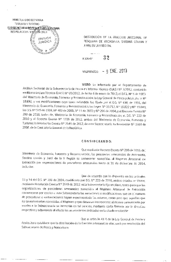 R EX 32-2013 Distribución de la Fracción Artesanal de Anchoveta, Sardina común y Jurel V Reg. (F.D.O. 16-01-2013)