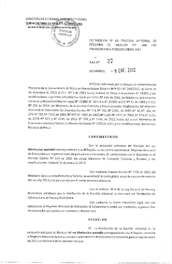 R EX 37-2013 Distribución de la Fracción Artesanal de Merluza del sur XI Reg. (F.D.O. 16-01-2013)