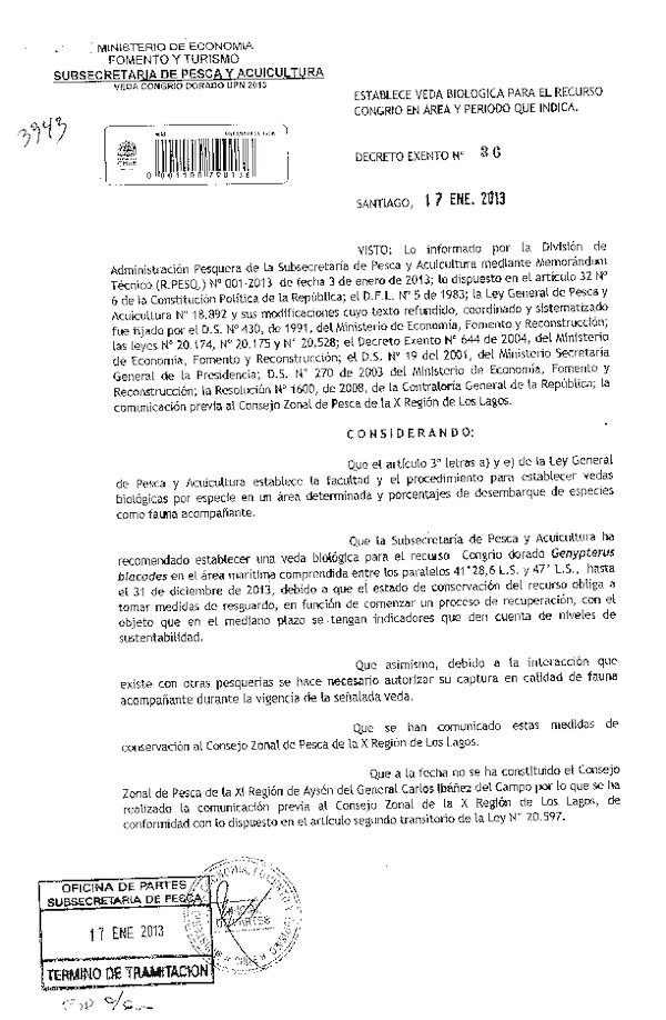 Decreto Exento Nº 36 de 2013 Establece Veda Biológica Congrio dorado X-XI Región (F.D.O. 23-01-2013)