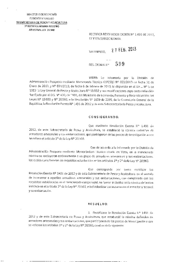 Resolución N° 599 de 2013, Modifica Resolución Nº 1490 de 2012 (F.D.O. 05-03-2013)