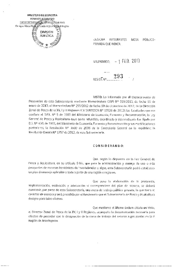 R EX N°293-2013 Designa integrantes Comité de manejo algas pardas II Región de Antofagasta.