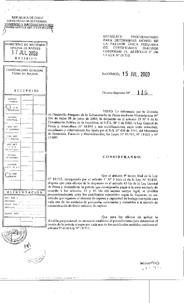 D.S. Nº 115-2003 Reglamento que Establece Procedimiento para determinar Monto de Patente Única Pesquera.