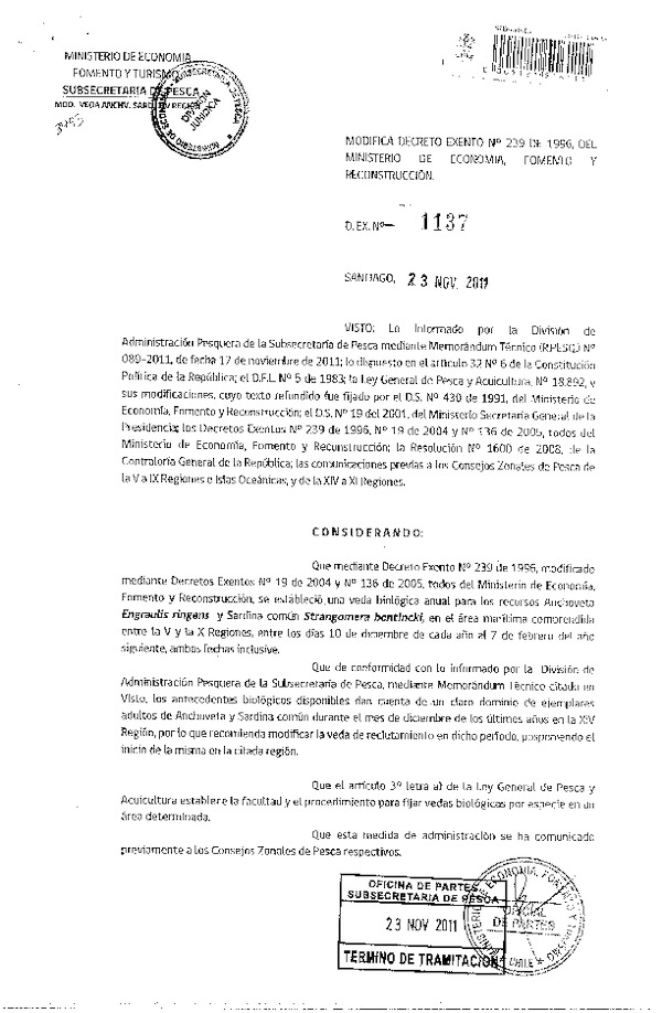 Decreto N° 1137de 2011, modifica Decreto N° 239-1996 veda recurso Anchoveta y sardina común XIV Región.
