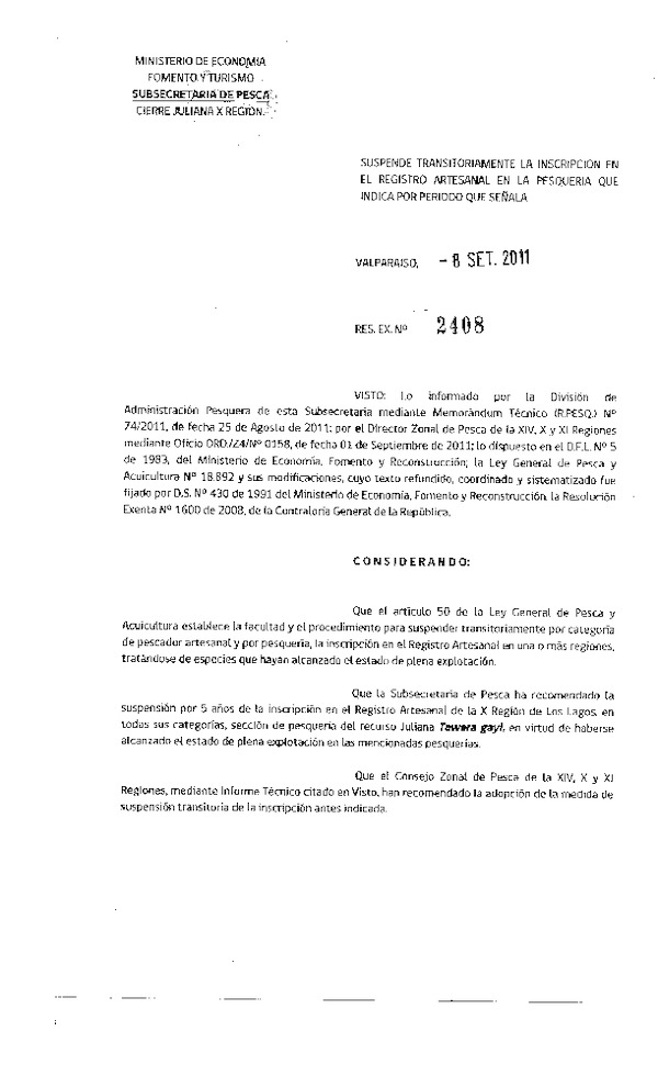 Resolución N° 2408-2011 suspende inscripción en el registro artesanal, recurso juliana, X Región.
