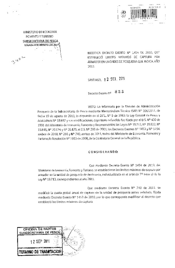 Decreto N° 823-2011 modifica Decreto N° 1454-2010, Límite Máximo de Captura recurso Anchoveta, XV-I-II Región.
