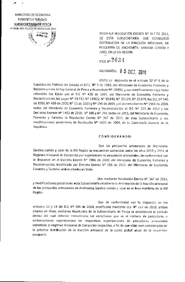 Resolución N° 2634-2011, modifica Resolución N° 347-2011, distribución de la fracción artesanal Pelágicos XIV Región.