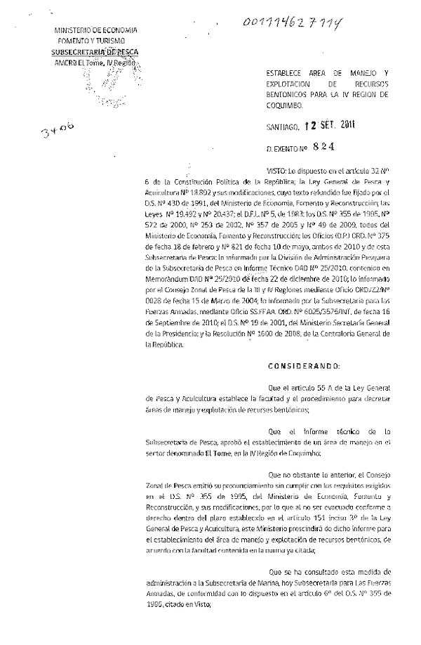Decreto N° 824-2011 Establece Área de manejo y explotación de recursos bentónicos para la IV Región .