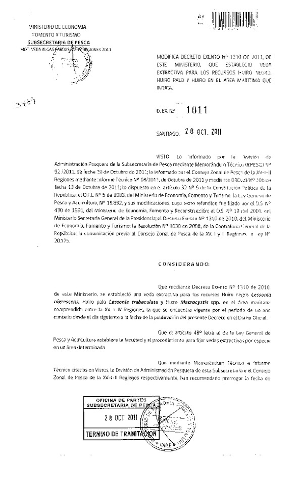 Decreto N° 1011-2011 modifica Decreto N° 1310-2010 veda recurso Huiro negro, Huiro palo y Huiro XV-IV Región