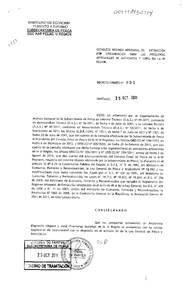 Decreto N° 991-2011 Establece régimen artesanal de extracción por organización Anchoveta y jurel IV Región.