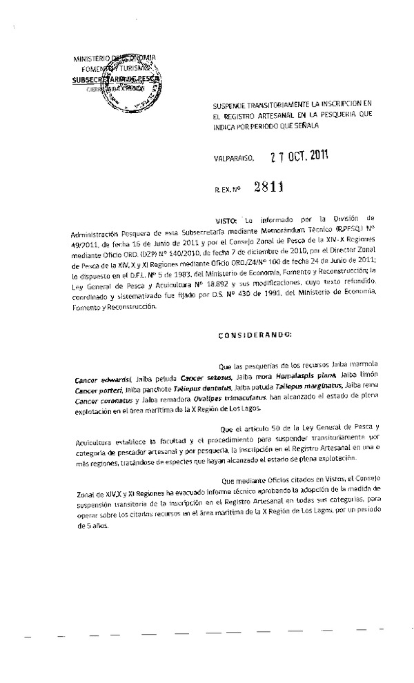Resolución N° 2811-2011 Suspende transitoriamente la inscripción en el registro pesquero artesanal Jaiba X Región.