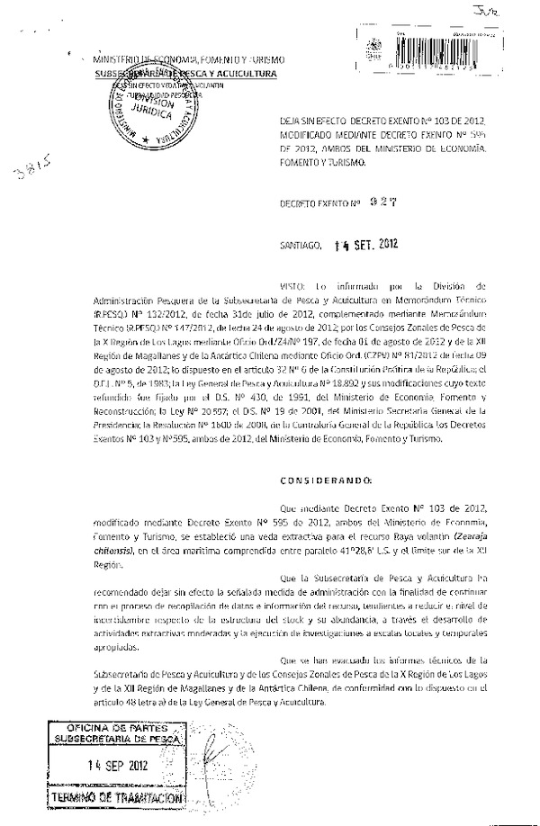 Decreto Exento Nº 927 de 2012, Deja sin efecto Decreto Nº 103 de 2012, Veda raya volantín X-XII Región.