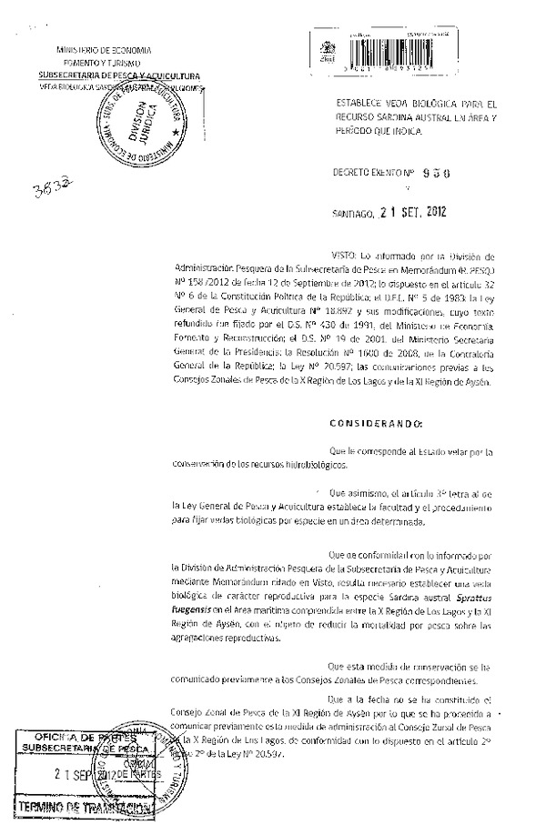 Decreto Exento Nº 950 de 2012, Establece Veda Biológica, recurso Sardina Austral, X-XI Región