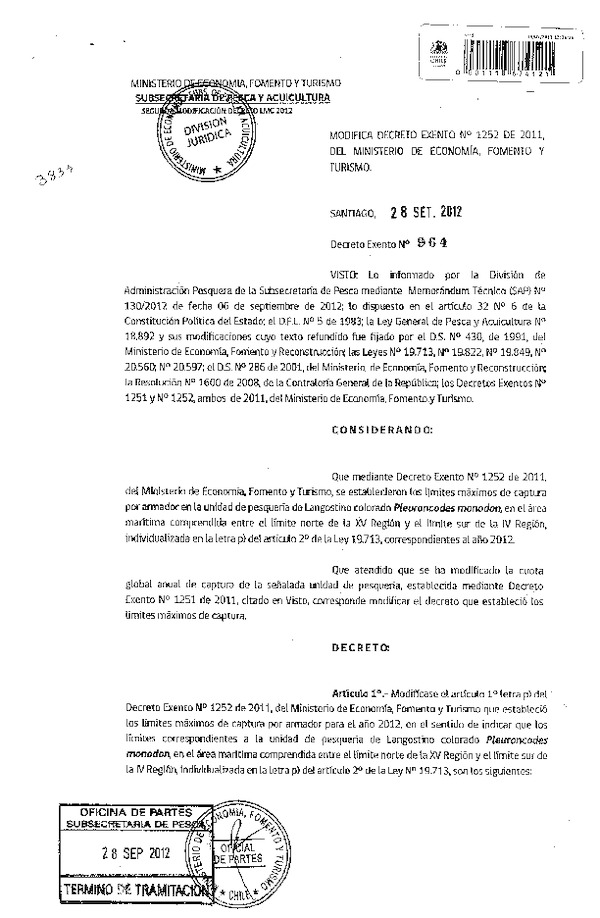 Decreto Exento Nº 964 de 2012, Modifica Decreto Nº 1252 de 2011, Límite Máximo de Captura Langostino Colorado, XV-IV Región.