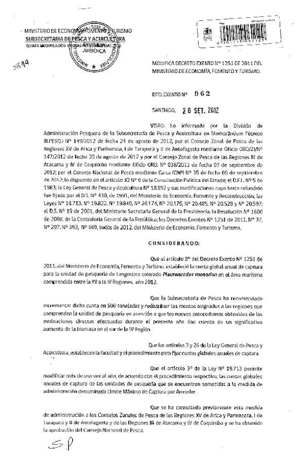 Decreto Exento Nº 962 de 2012, Modifica Decreto Nº 1251 de 2011, Cuota Langostino Colorado XV-IV Región.