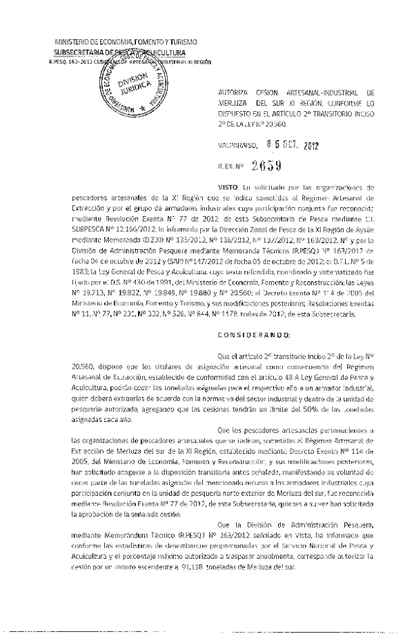 Resolución Nº 2659-2012 Autoriza Cesión recurso Merluza del sur XI Región.