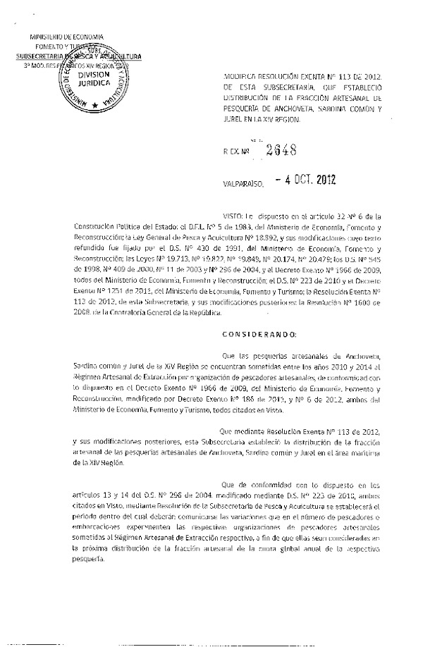 Resolución Nº 2648 de 2012, Modifica Resolución Nº 113 de 2012, Régimen Artesanal de Extracción Pelágicos XIV Región.