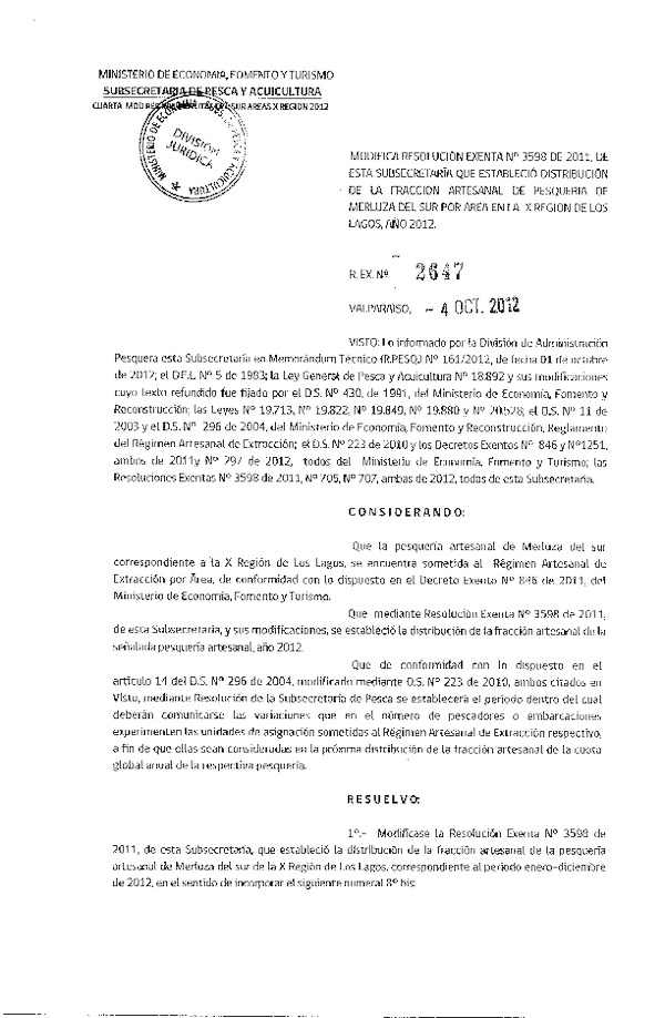 Resolución Nº 2647 de 2012, Modifica Resolución Nº 3598 de 2011, Régimen Artesanal de Extracción Merluza del sur X Región.