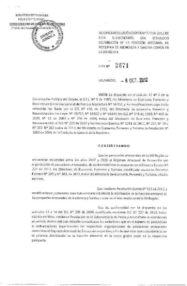 Resolución Nº 2671 de 2012, Modifica Resolución Nº 523 de 2012, Régimen Artesanal de Extracción Pelágicos VIII Región.