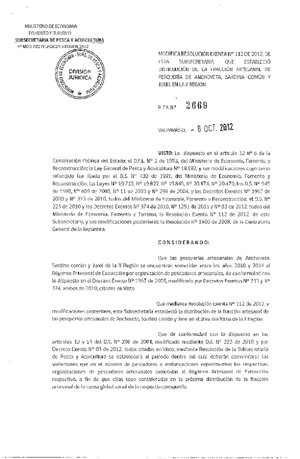 Resolución Nº 2669 de 2012, Modifica Resolución Nº 112 de 2012, Régimen Artesanal de Extracción Pelágicos X Región.