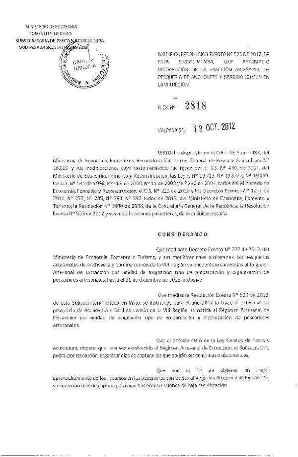 Resolución Nº 2818 de 2012, Modifica Resolución Nº 523 de 2012, Régimen Artesanal de Extracción Pelágicos VIII Región.