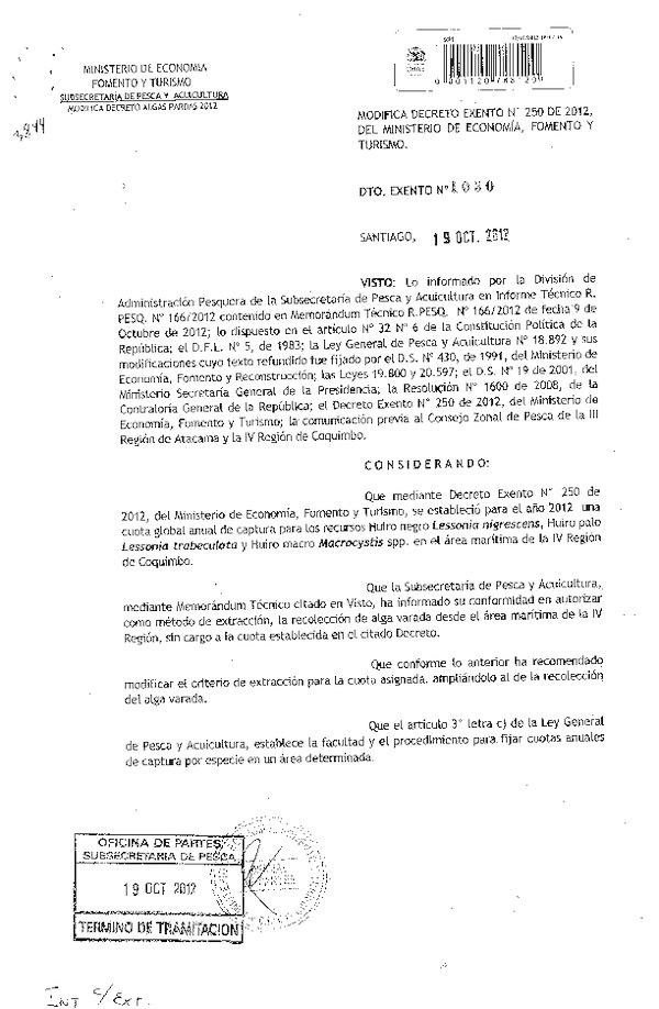 Decreto Exento Nº 1030 de 2012, Modifica Decreto Nº 250 de 2012, cuota anual de captura recursos hurio negro, huiro palo y huiro macro, IV Región.