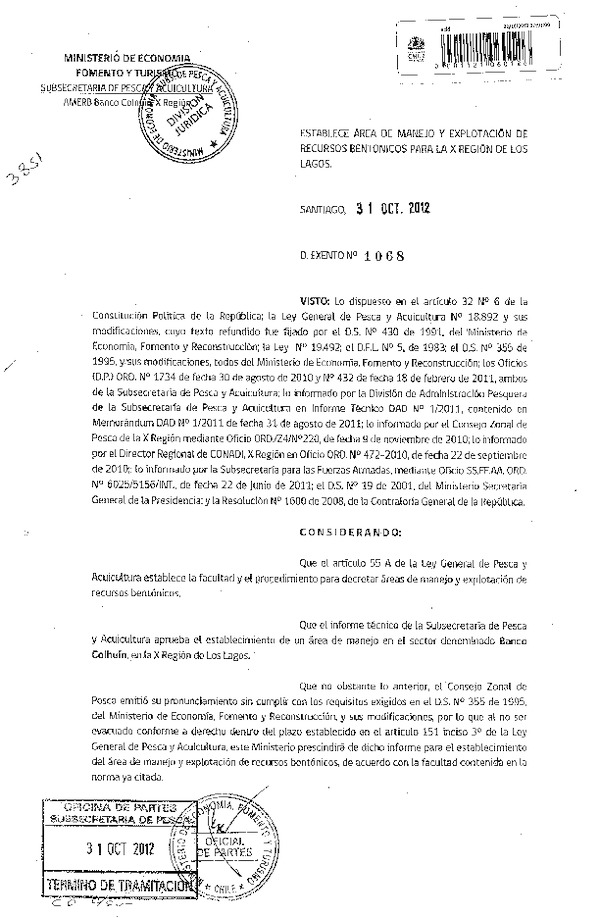 Decreto Exento Nº 1068 de 2012, Establece área de manejo y explotación de recursos bentónicos Sector Banco Coihuín, X Región.