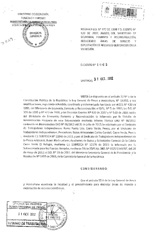 Decreto Exento Nº 1063 de 2012, Modifica Decreto Nº 473 de 1998 y Nº 620 de 2007, áreas de manejo Sector Cerro Verde, Sector A y La Tosca, VIII Región.