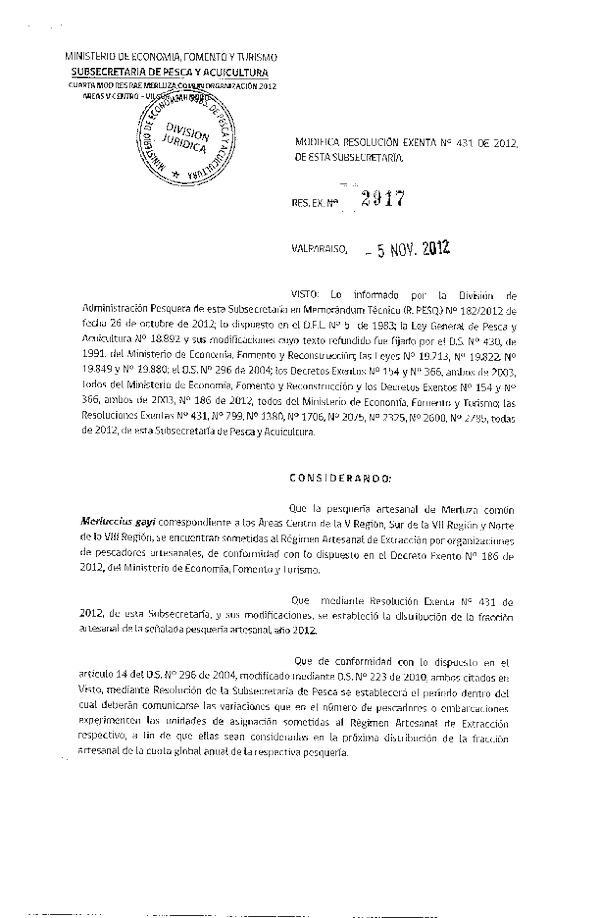 Resolución Nº 2917 de 2012, Modifica Resolución Nº 431 de 2012, Régimen Artesanal de Extracción Merluza común VII-VIII Región.