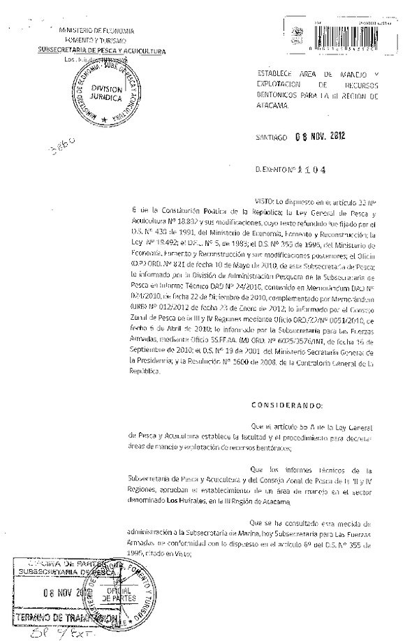 Decreto Exento Nº 1104 de 2012, Establece área de manejo y explotación de recursos bentónicos Sector Los Huirales, III Región.