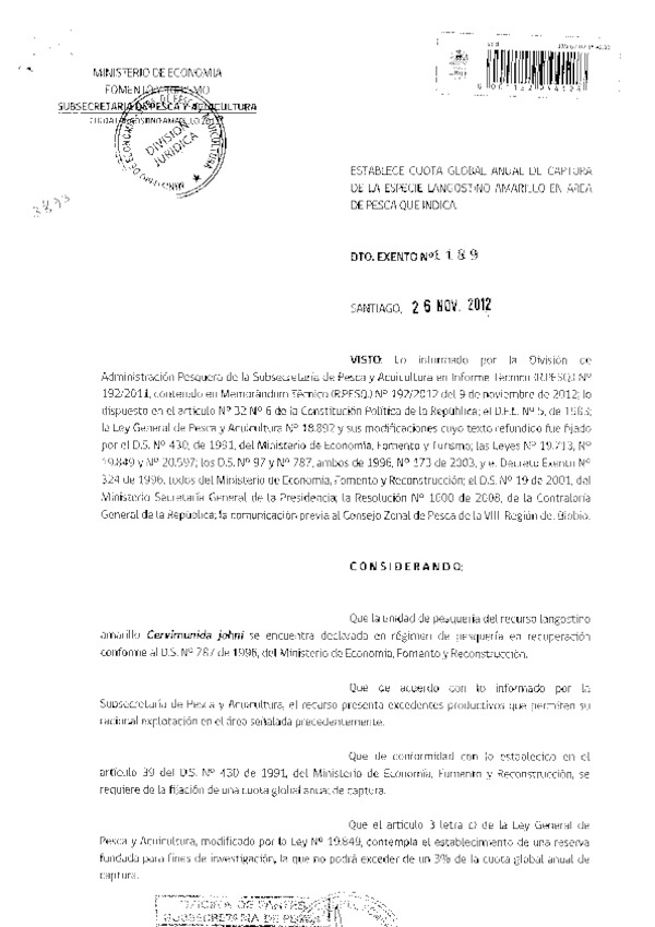 Decreto Exento Nº 1189 de 2012, Establece Cuota anual de captura recursos Langostino amarillo año 2013, V Región.
