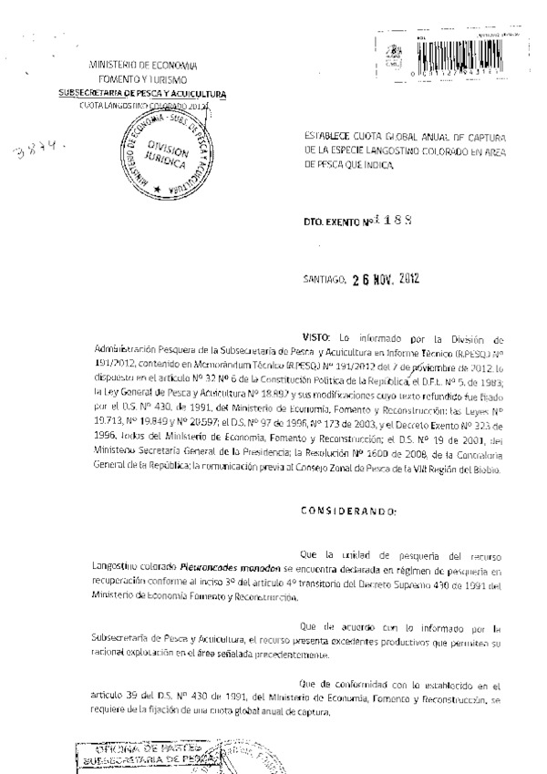 Decreto Exento Nº 1188 de 2012, Establece Cuota anual de captura recursos Langostino colorado año 2013, V-VIII Región.