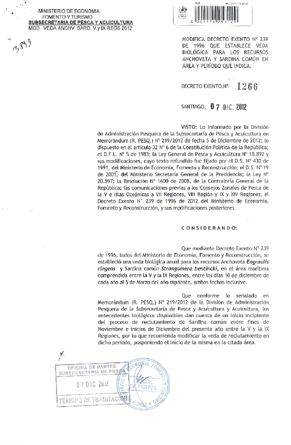 Decreto Exento Nº 1266 de 2012, Modifica Decreto Nº 239 de 1996, Veda biológica recursos Sardina común y Anchoveta V-IX Región.