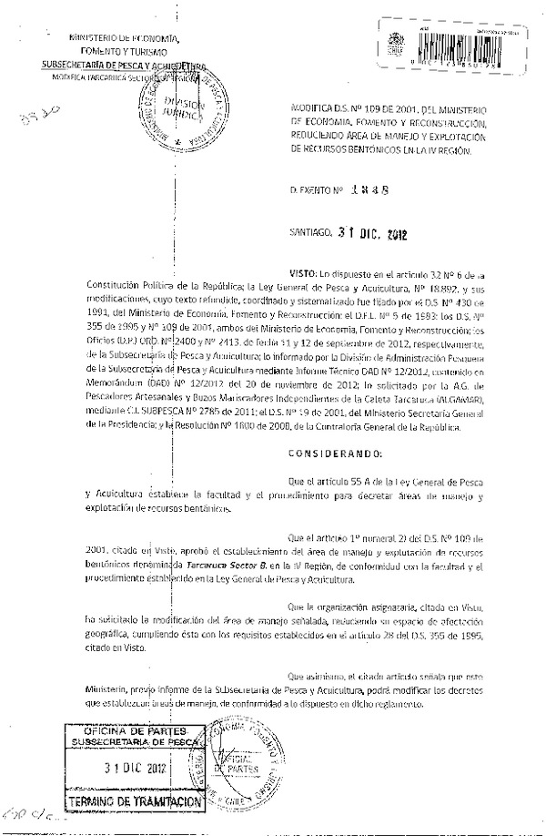 Decreto Exento Nº 1338 de 2012 Modifica Decreto Nº 109 de 2001 área de amnejo Tarcaruca Sector B, IV Región. (F.D.O. 10-01-2013)
